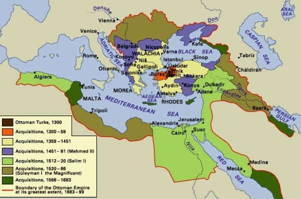 Conquistas de territórios do Império Otomano desde 1300 - Fonte: Quora