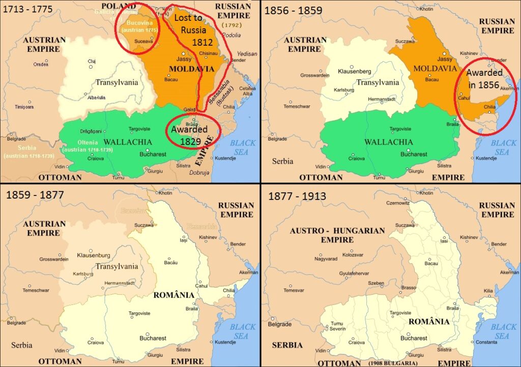 Mapas da evolução dos territórios da Romênia - Fonte: Paradox Interactive Forums