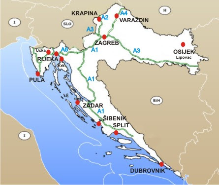 Mapa das rodovias com pedágio na Croácia - Fonte: Croatia Apartments