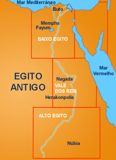 Mapa das regiãos do Alto e do Baixo Egito - Fonte: InfoEscola