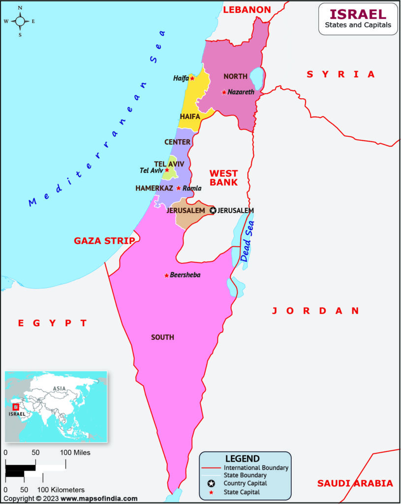 Mapa das 6 regiões de Israel