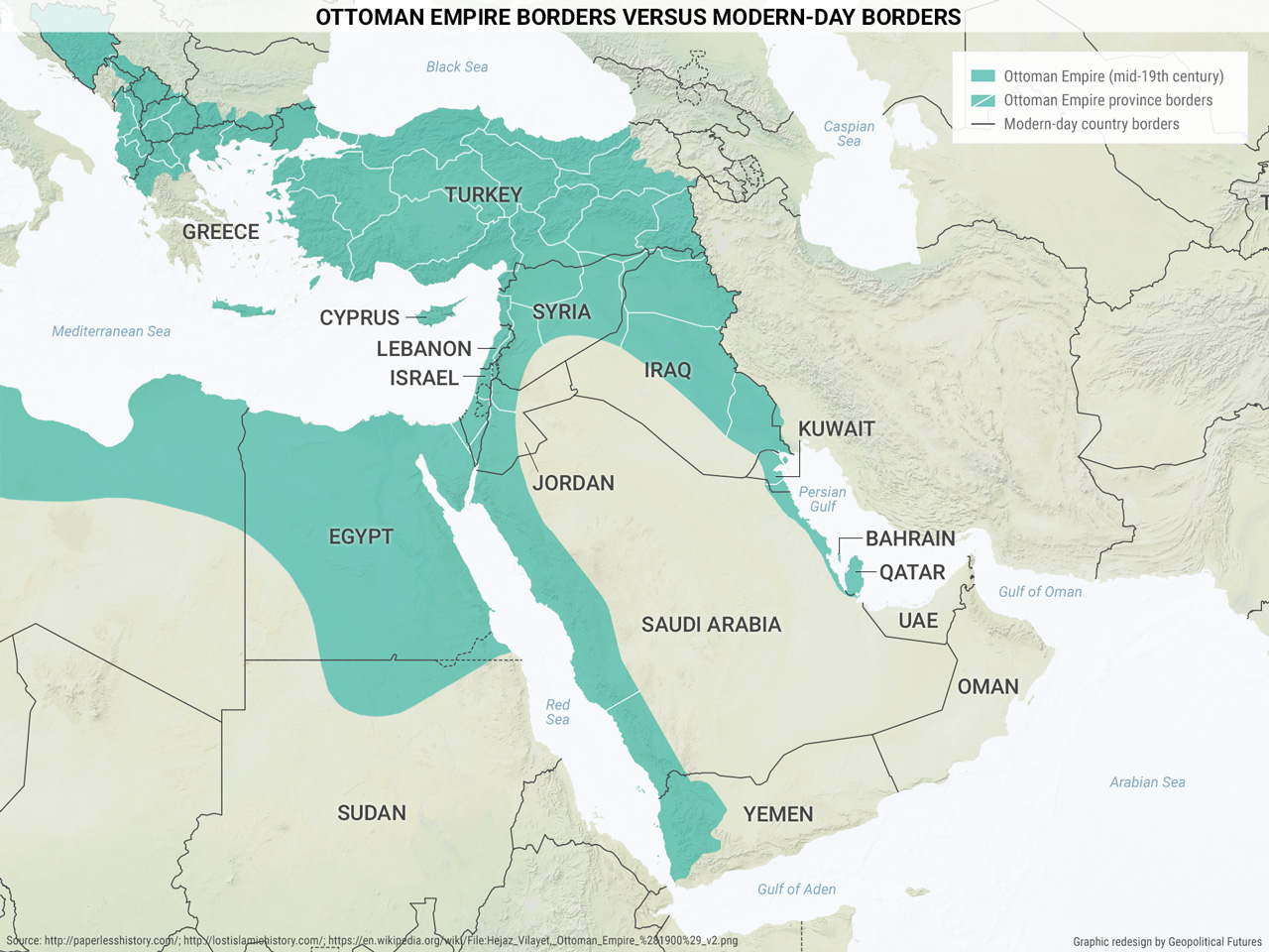 Mapa do Império Otomano em comparação ao mapa atual - Fonte: Geopolitical Futures