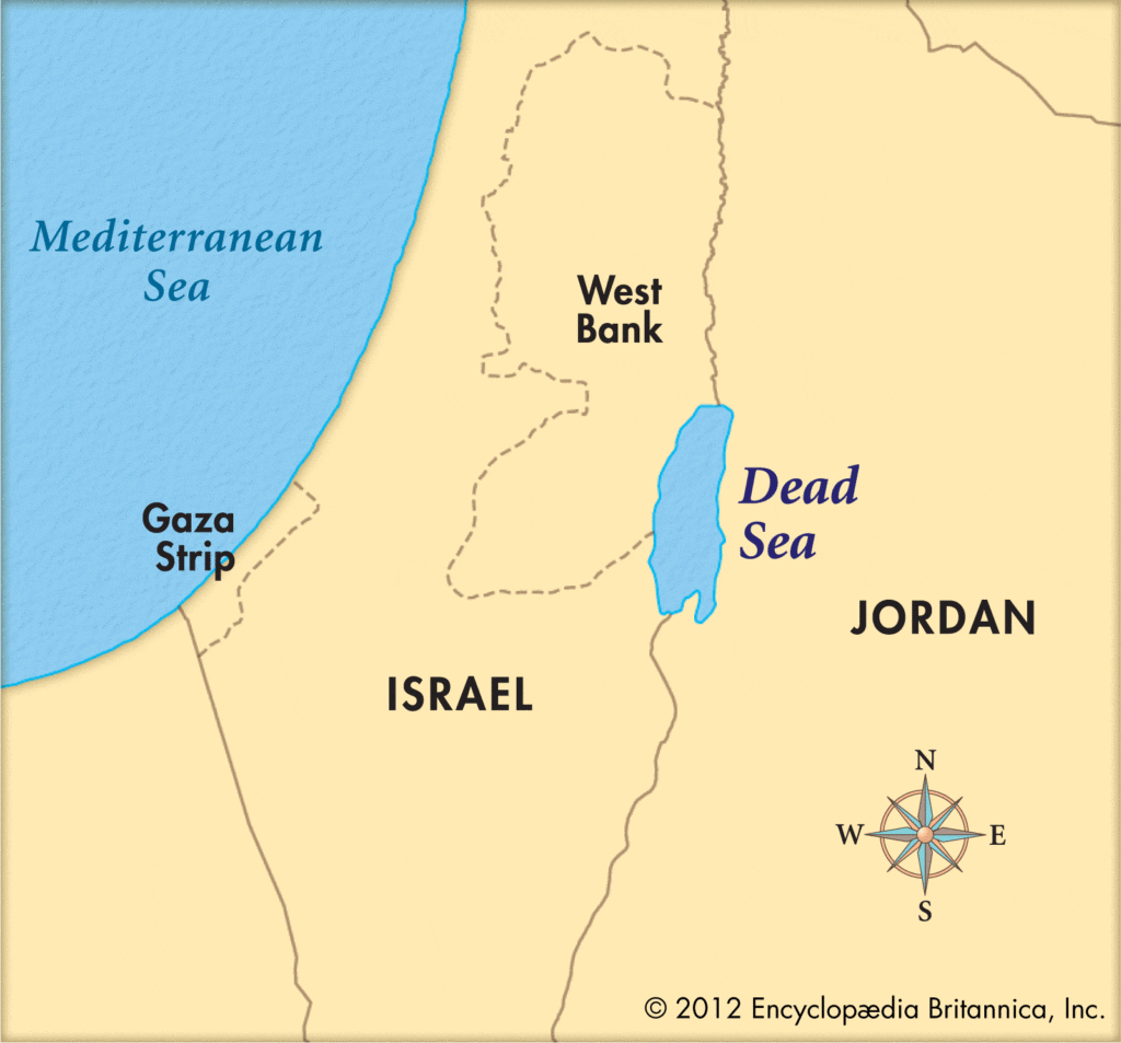 Mapa do Mar Morto entre Israel, Palestina (West Bank) e Jordânia - Fonte: Britannica