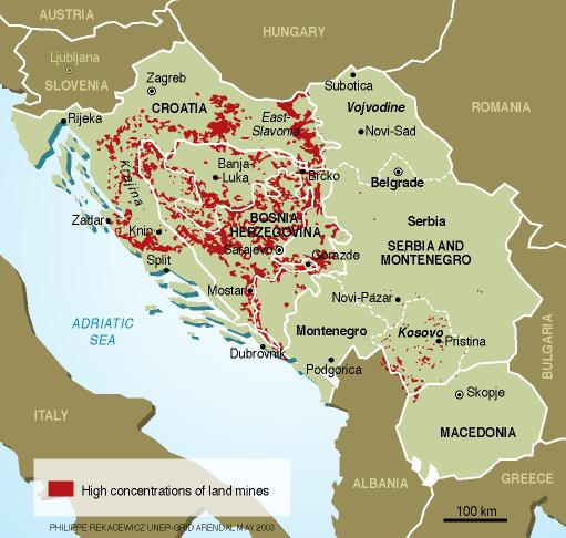 Mapa das minas terrestres nos Balcãs - GRID - Arendal