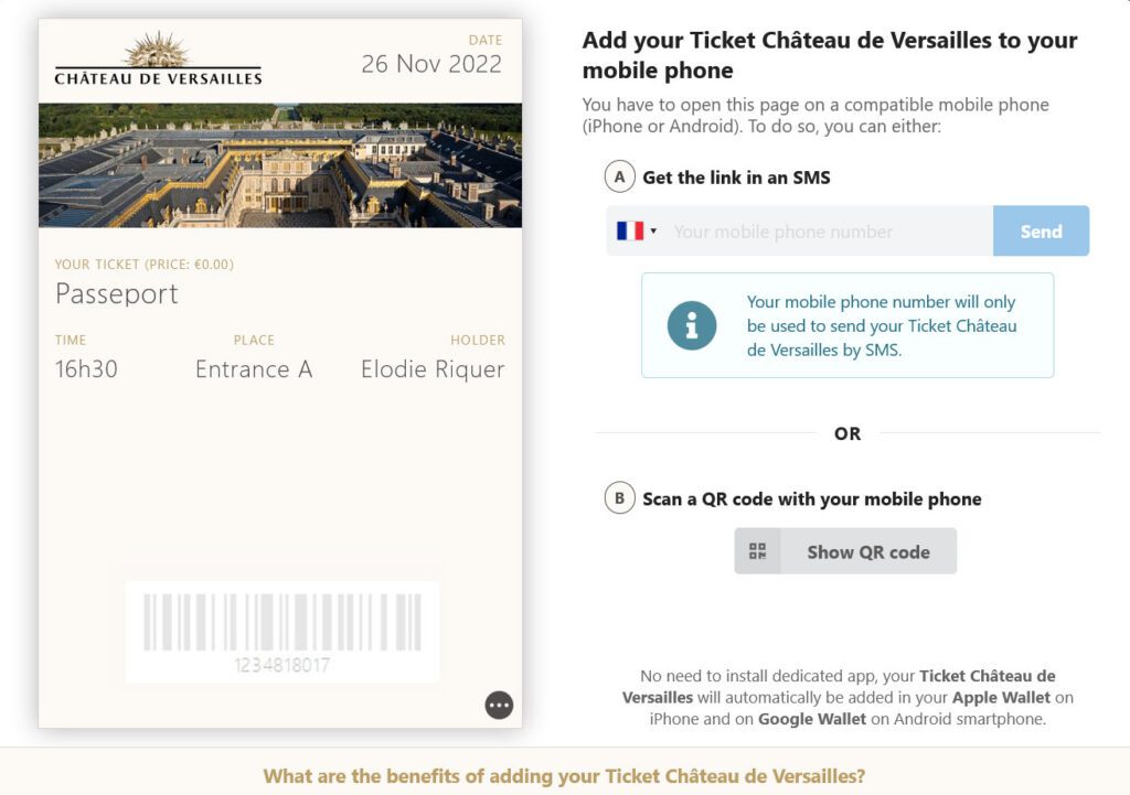 Tela de compra de tickets para visitar Versalhes - Versailles