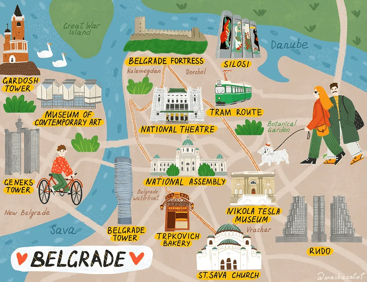 Mapa das principais atrações de Belgrado - Dribbble