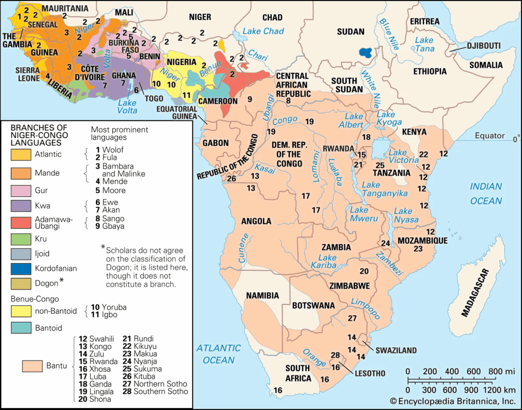 Mapa da Língua Bantu na África - Britannica