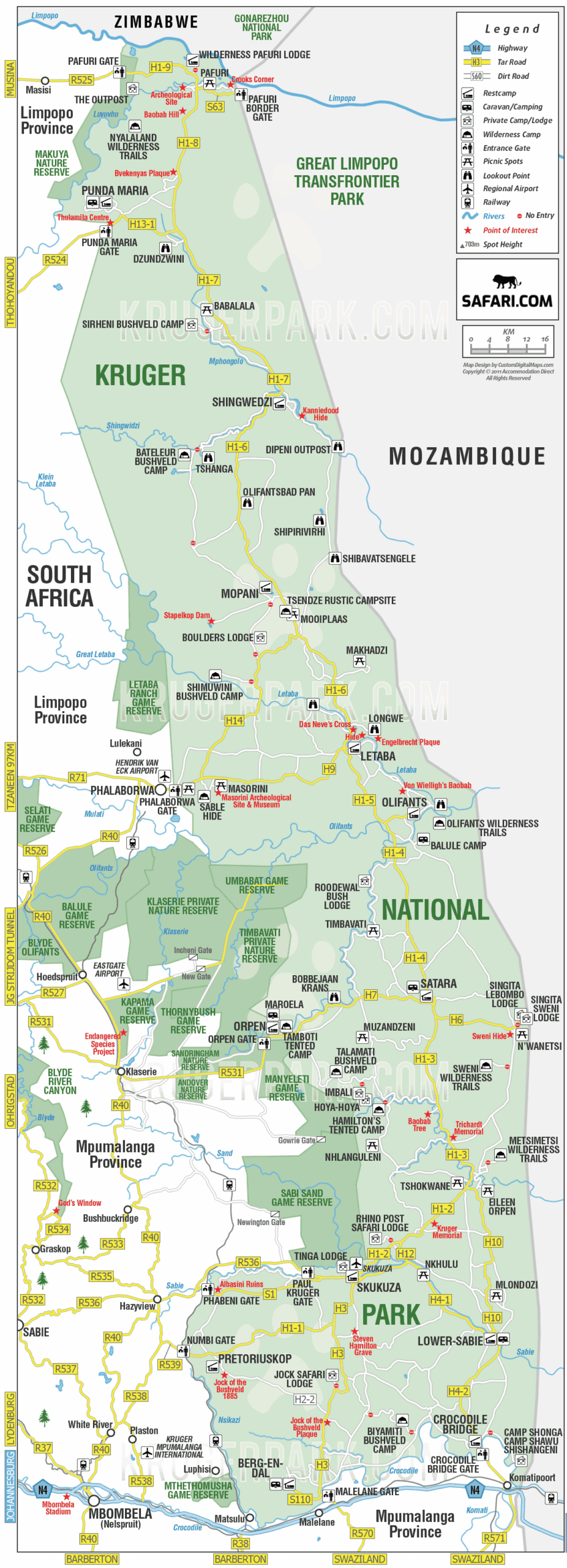 Mapa do parque Kruger - Safari.com